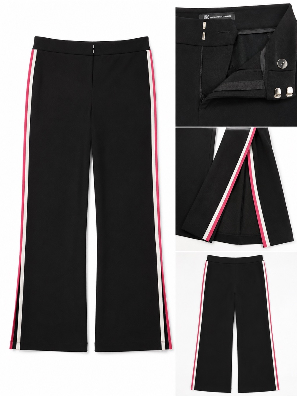 INC International Concepts Black Wide-Leg Pants with Pink & White Side Stripes - Picture 2 of 7